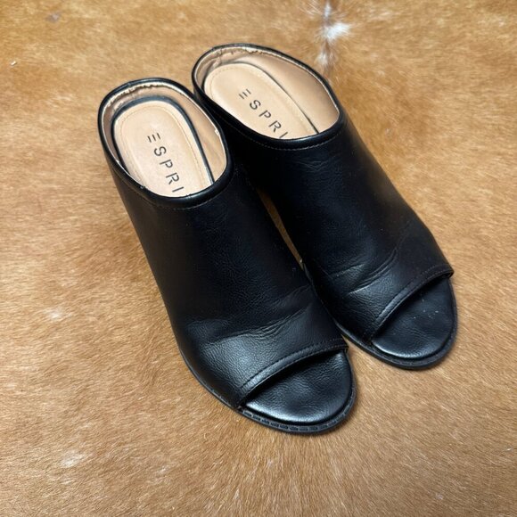 Esprit Black Peep Toe Mules Size 8M Chunky Block Heel Slide Sandals Faux Leather - Picture 7 of 7